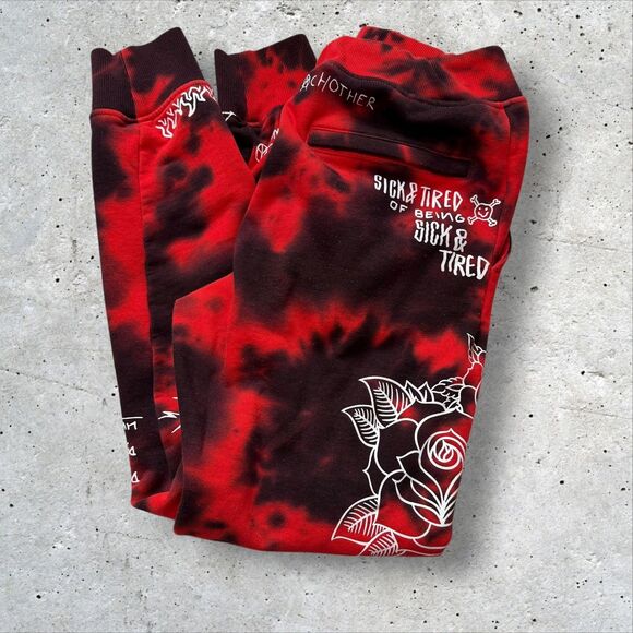 Ninth Hall Scribbles Red Black Tie Dye Joggers Small ‘Sick & Tired’ Graphic - Picture 1 of 11